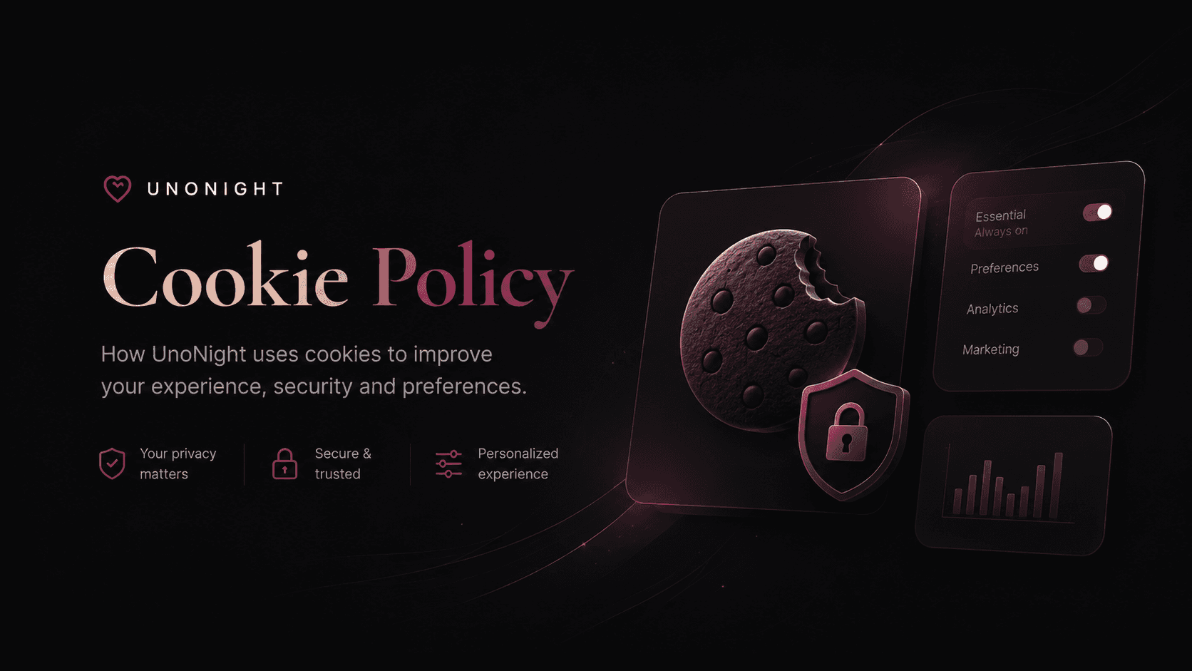 UnoNight Cookie Policy illustration with privacy settings, cookies and a shield
