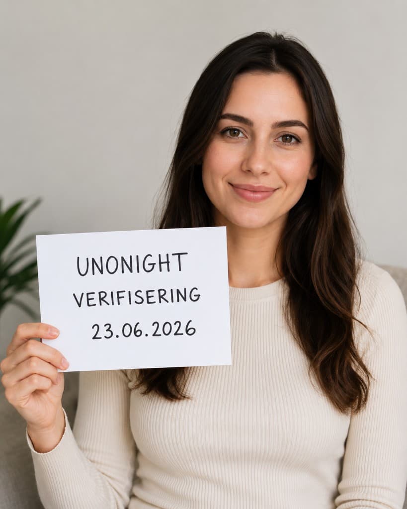 Example of a member holding up a verification note with text and date for Unonight verification