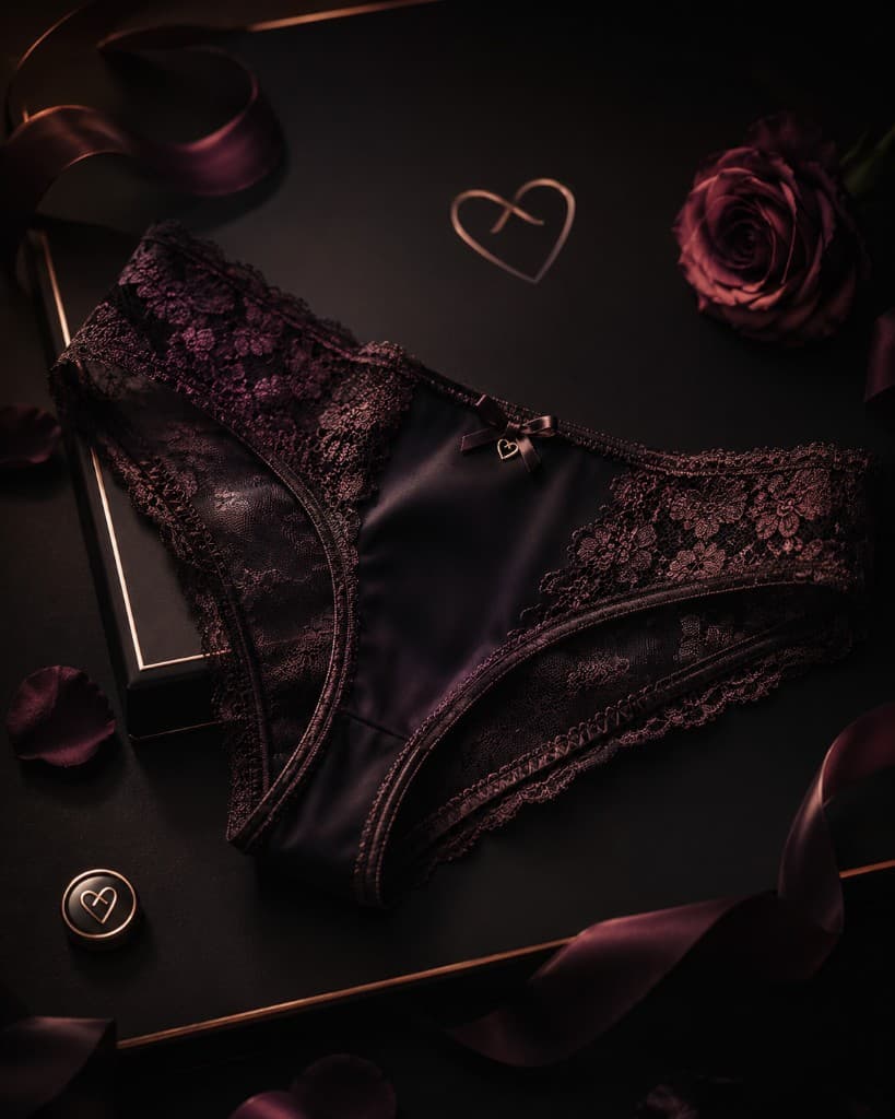 Stylised product photo of burgundy lingerie on a dark background, representing permitted marketplace listings