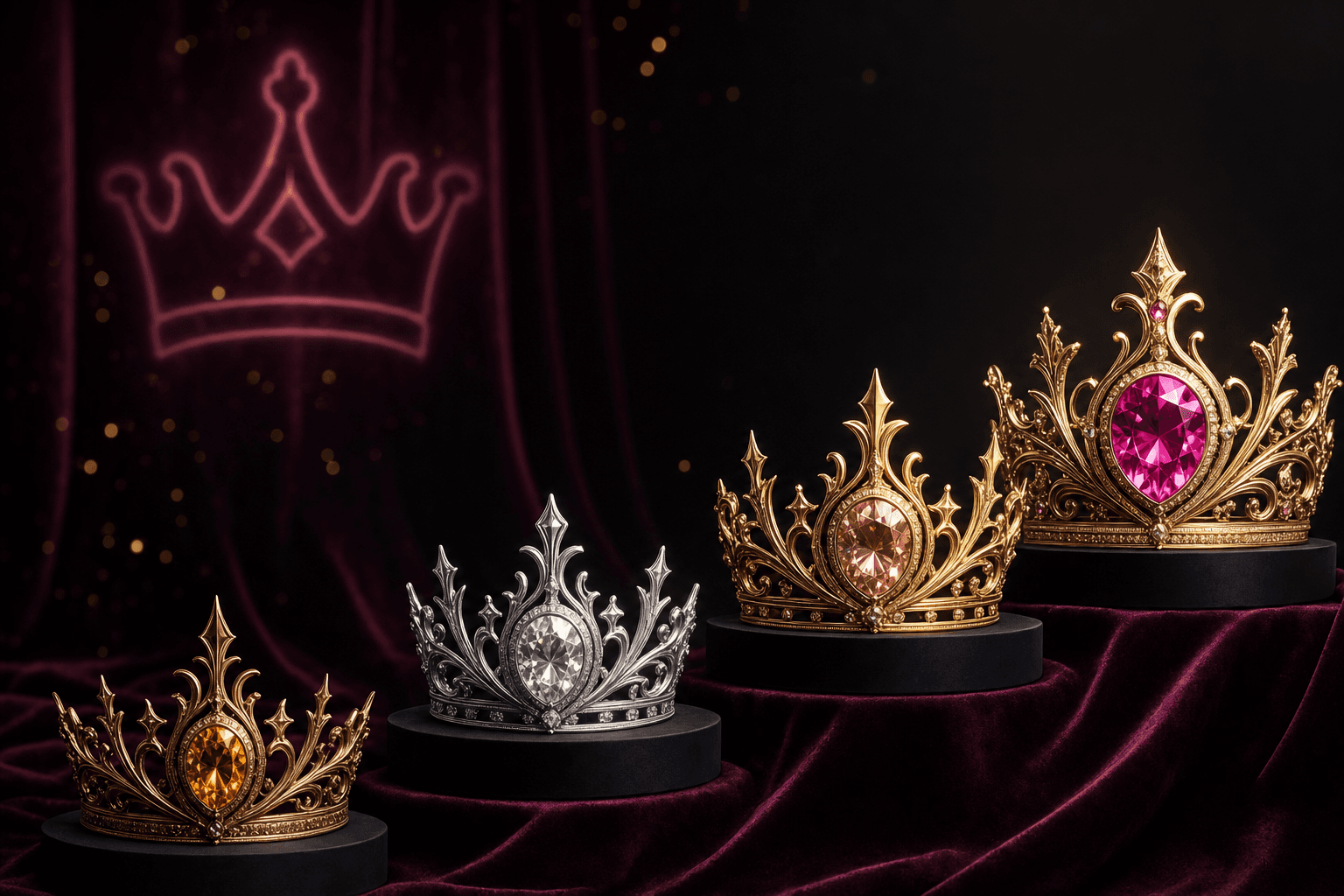 Illustration of four Unonight membership crowns from Bronze to Elite Diamond on velvet pedestals