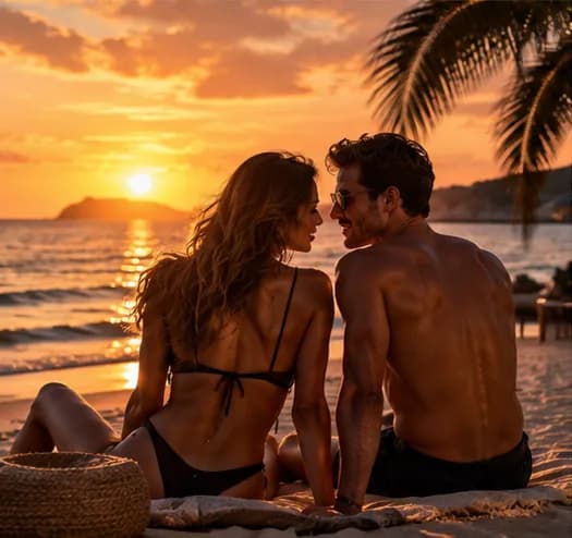 Travel partners on the beach at sunset