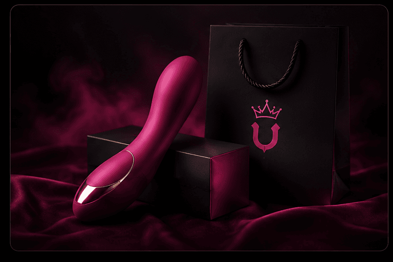 Unonight Shop product with branded bag and crown logo on a dark velvet background